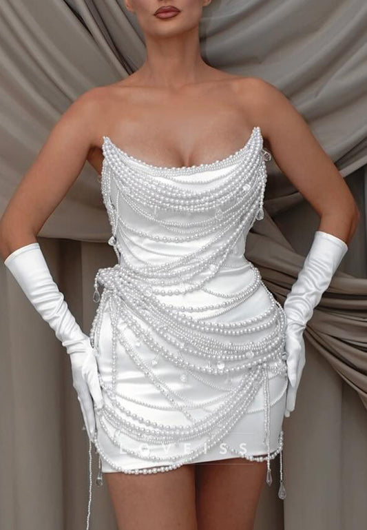 Strapless Pearl Beaded Draped Bodycon Mini Dress