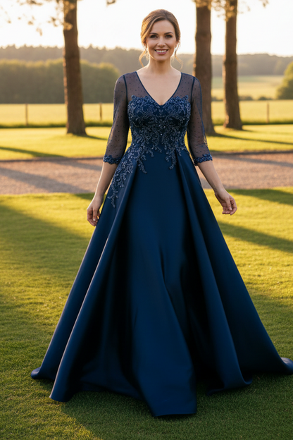 Illusion V-Neck Beaded Evening Gown with Side Draping