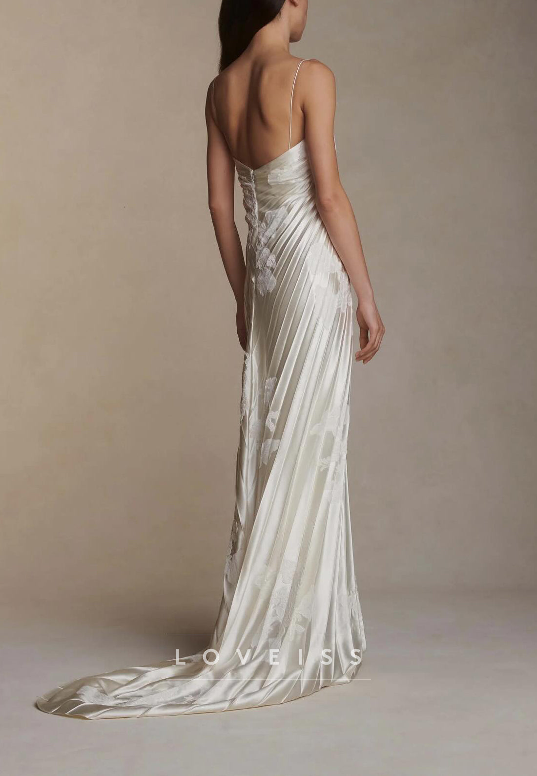 Pleated Satin Slip Wedding Dress with Lace Appliques