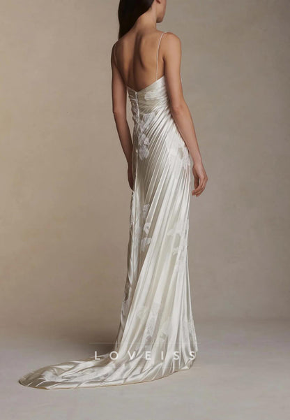 Pleated Satin Slip Wedding Dress with Lace Appliques