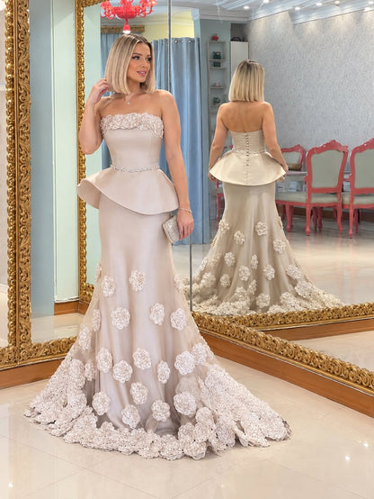 Strapless Peplum Gown with 3D Floral Appliques