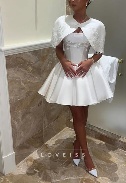 Short Satin Dress with Capelet and Embroidery