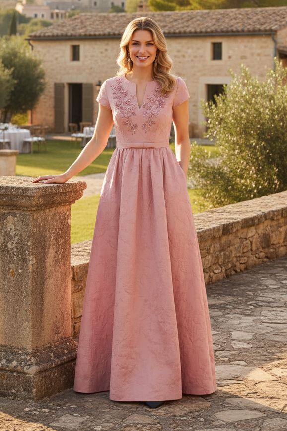 Beaded V-Neck Jacquard A-Line Gown with Pockets