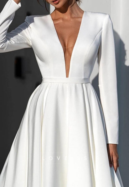 Deep V-Neck Long Sleeve Satin A-Line Wedding Dress