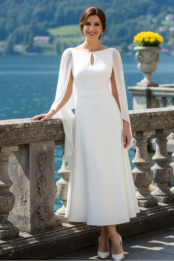 Elegant A-Line Midi Dress with Sheer Cape Sleeves