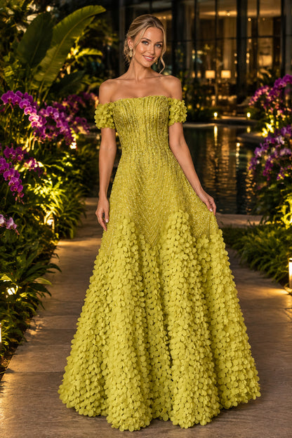 Beaded Petal A-Line Gown with Flutter Sleeves