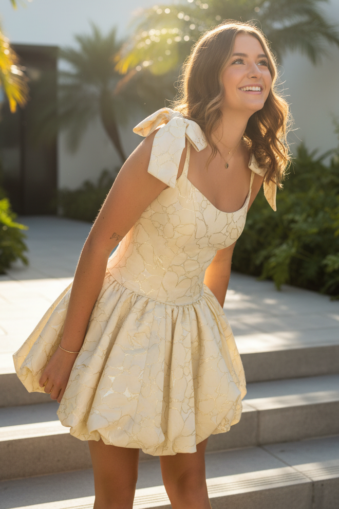 Jacquard Bubble Skirt Mini Dress with Shoulder Bows