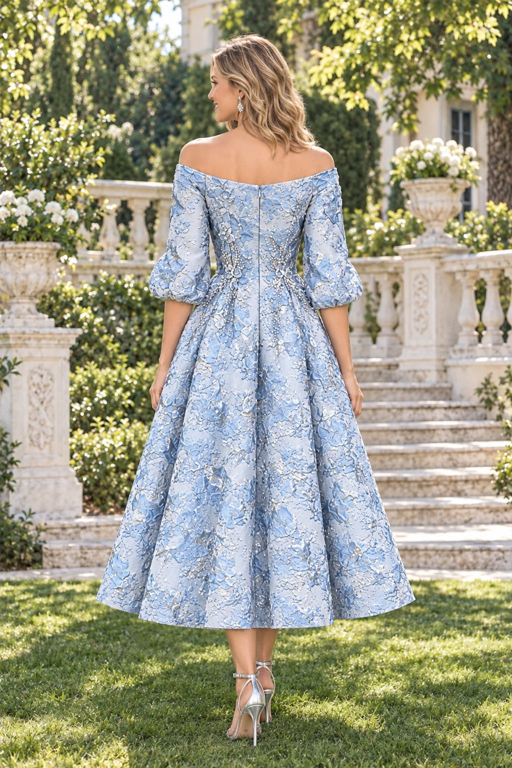 Floral Jacquard Off-Shoulder Midi Dress with Pockets