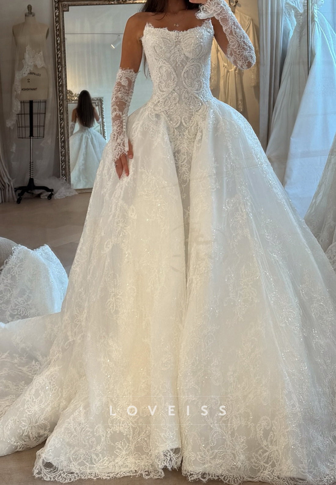 Glitter Lace Corset Wedding Dress with Overskirt