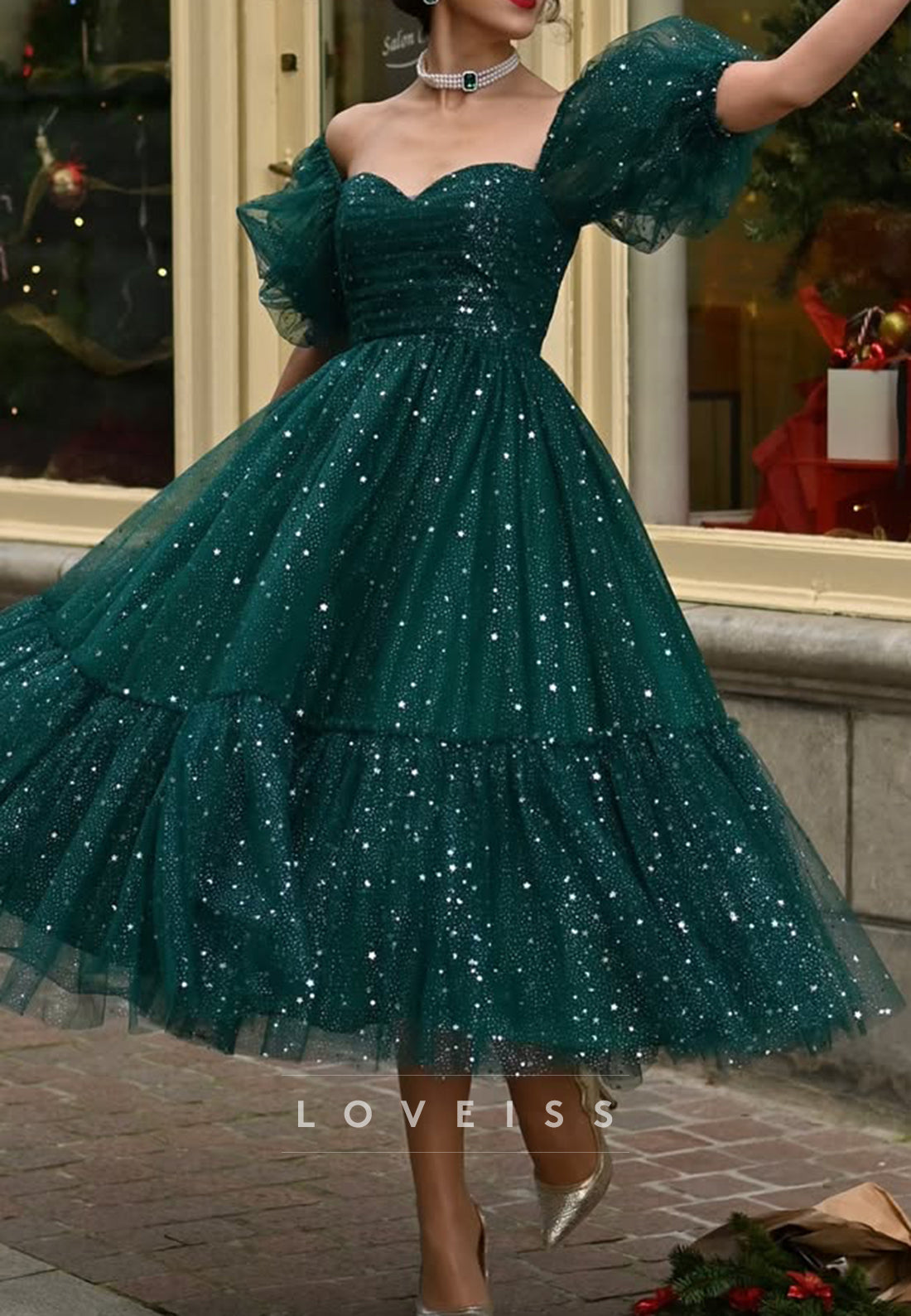Starry Glitter Tulle Tea-Length Dress with Puff Sleeves