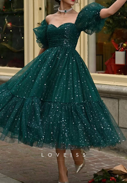 Starry Glitter Tulle Tea-Length Dress with Puff Sleeves
