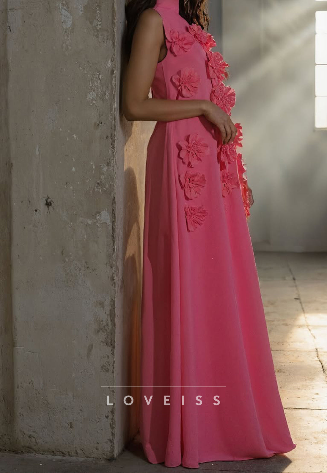High Neck Maxi Dress with 3D Floral Appliques