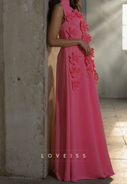 High Neck Maxi Dress with 3D Floral Appliques