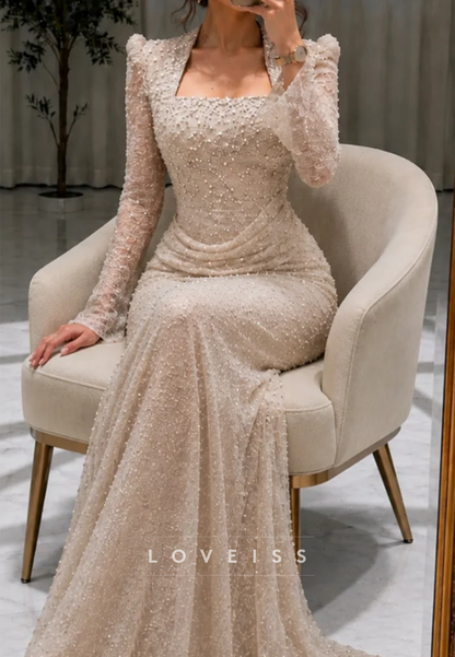 Long Sleeve Pearl Beaded Mermaid Evening Gown