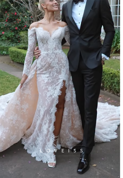 Off-the-Shoulder Lace Wedding Dress with Slit