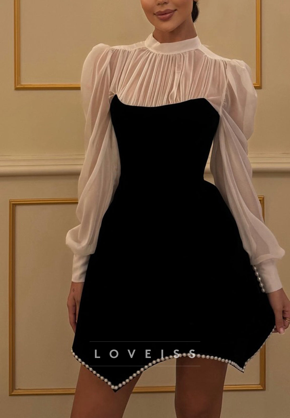 Sheer Puff Sleeve Colorblock Mini Dress with Pearl Trim