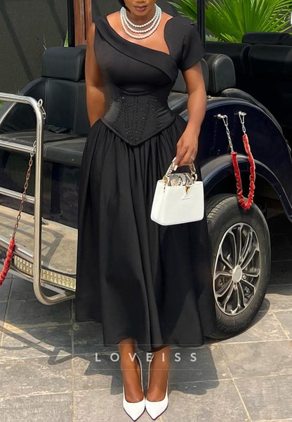 Asymmetrical Neck Corset Waist Midi Dress