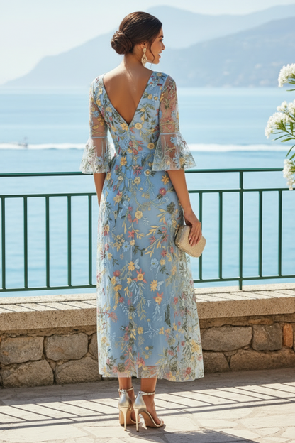 Floral Embroidered V-Neck Bell Sleeve Maxi Dress