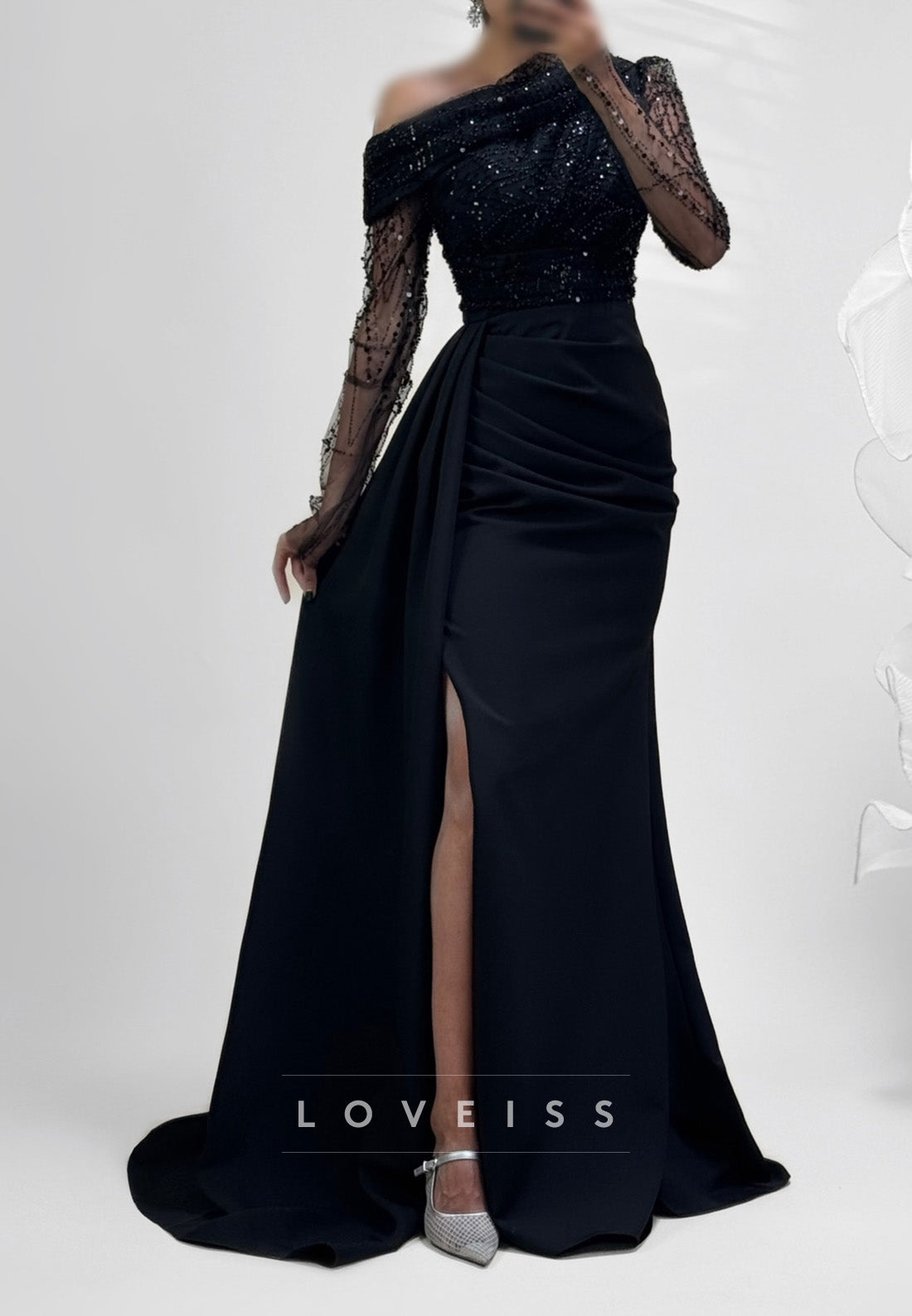 Sequined Asymmetric Gown with Slit
