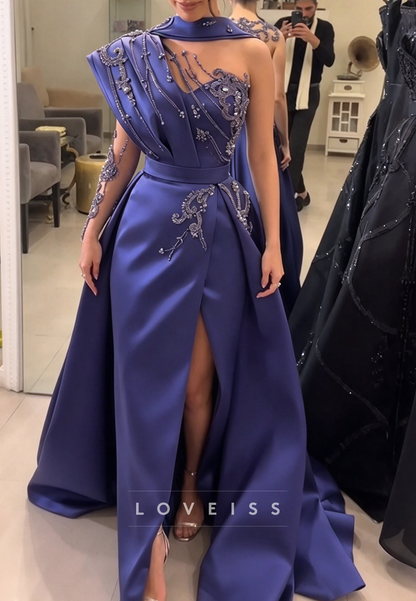 Beaded Draped Gown with High Slit and Overskirt