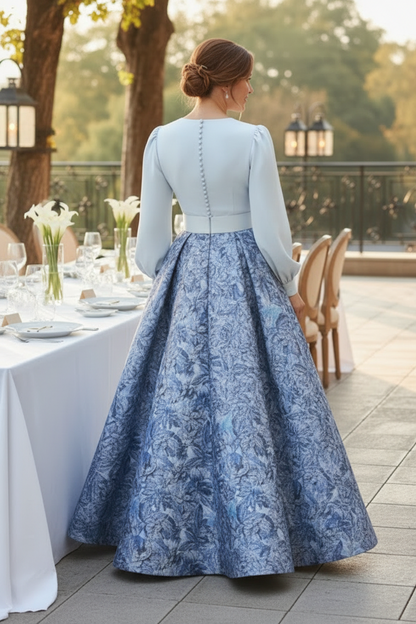 V-Neck Long Sleeve Floral Jacquard Maxi Dress