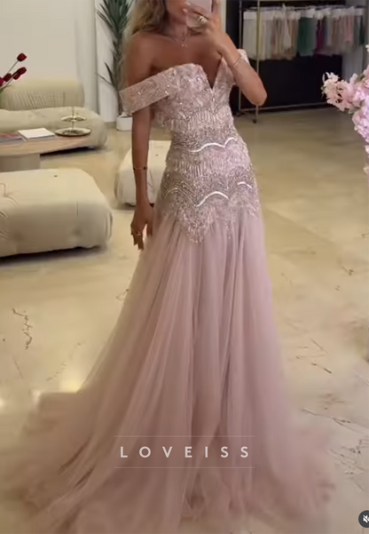Off-the-Shoulder Beaded Gown with Tulle Train