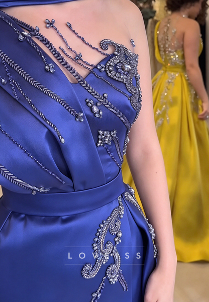 Beaded Draped Gown with High Slit and Overskirt