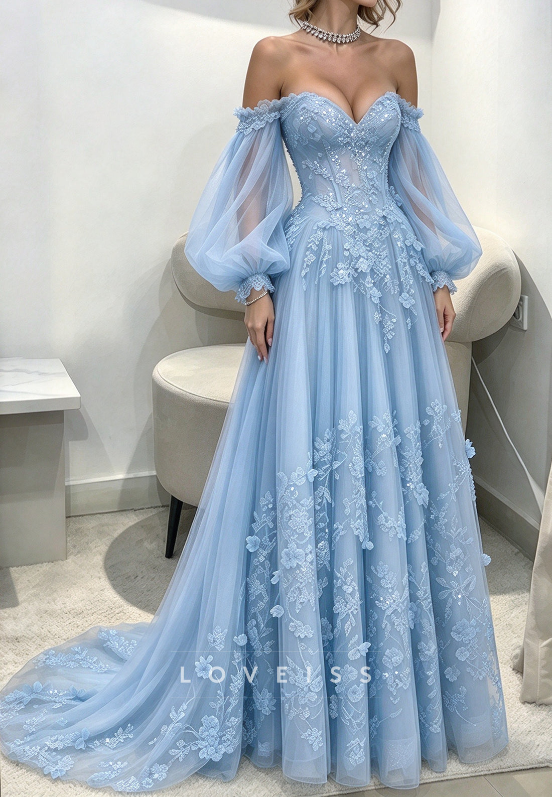 Off-the-Shoulder Lace & Tulle Gown with Bishop Sleeves