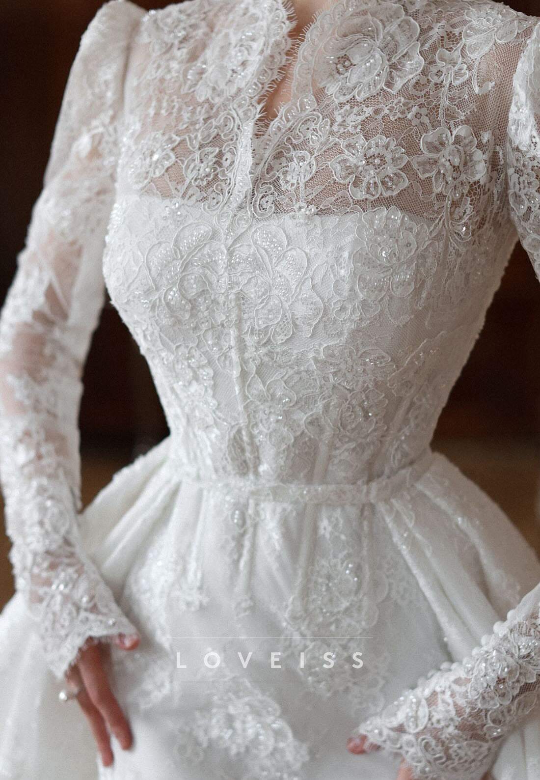 Lace High Neck Wedding Dress with Overskirt