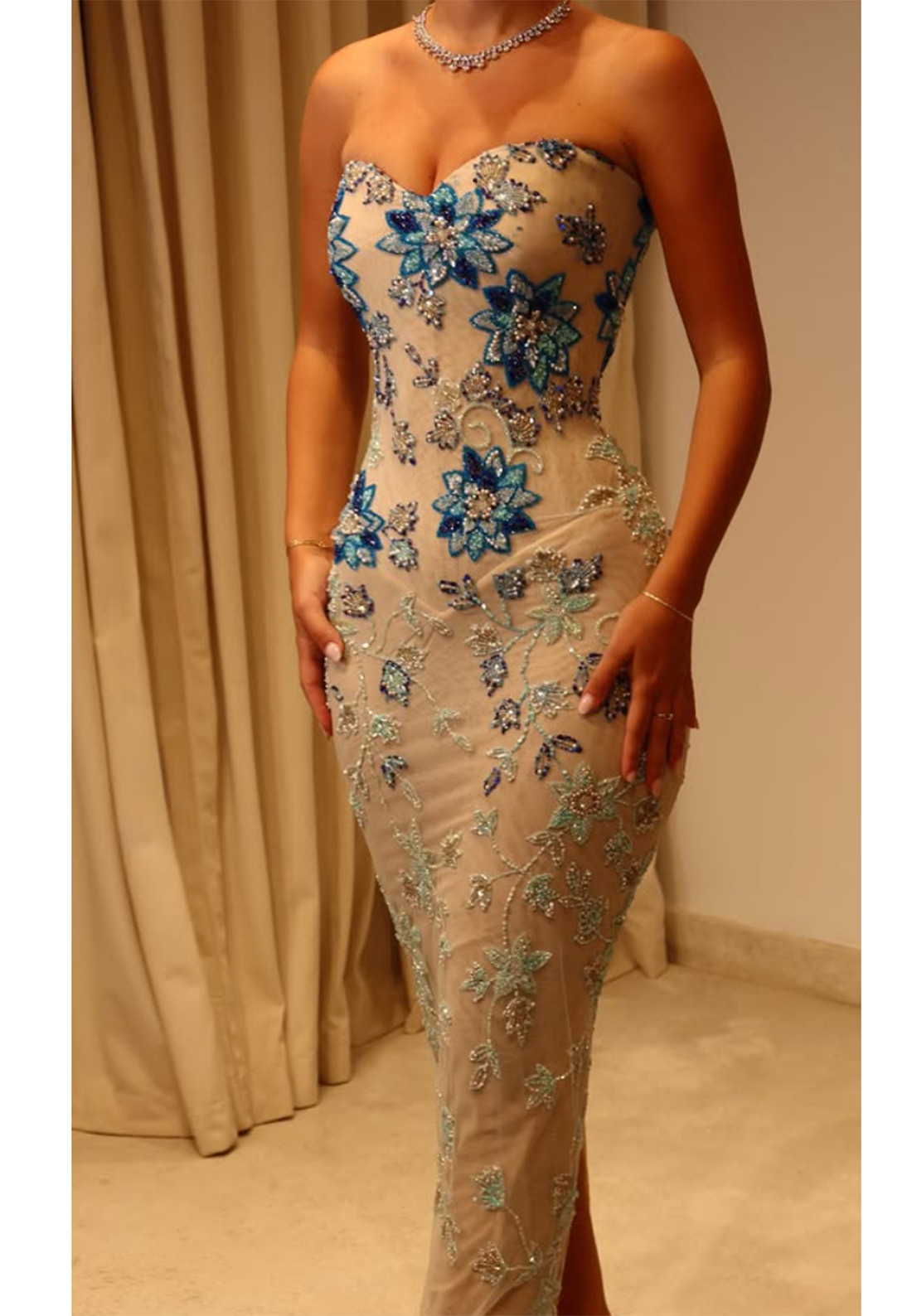 Strapless Floral Beaded Sheer Evening Gown