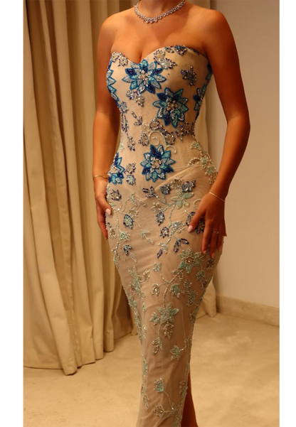 Strapless Floral Beaded Sheer Evening Gown