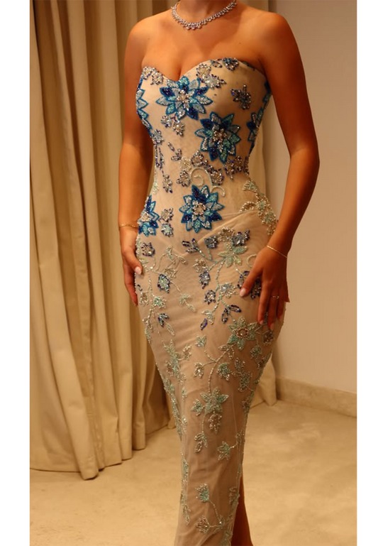 Strapless Floral Beaded Sheer Evening Gown