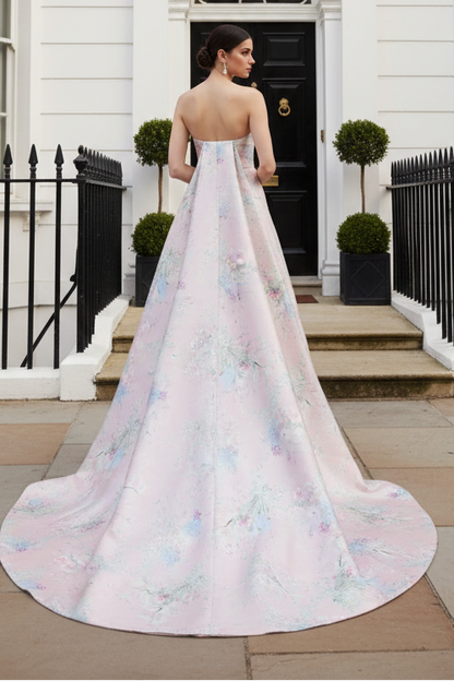 Strapless Floral Jacquard Column Gown with Train