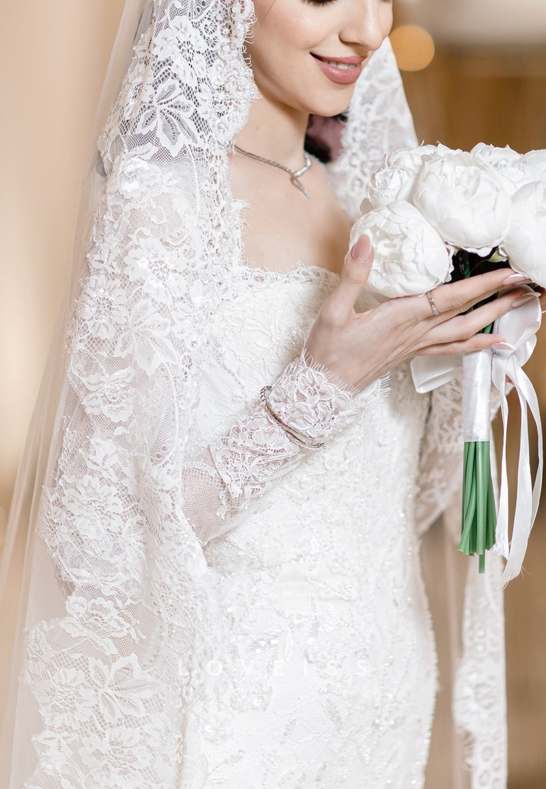 Long Sleeve Mermaid Lace Wedding Dress with Veil