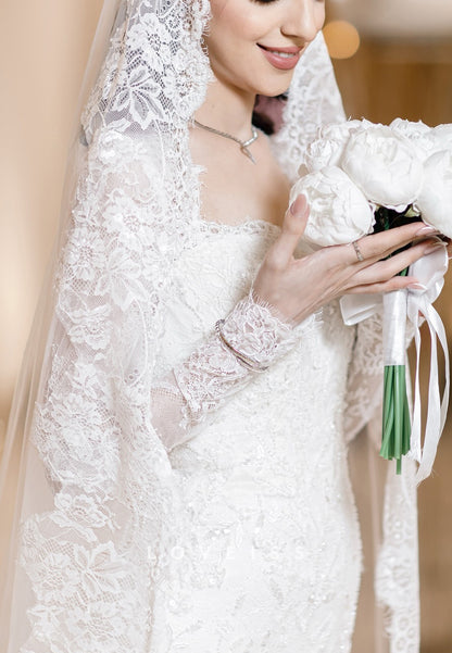 Long Sleeve Mermaid Lace Wedding Dress with Veil