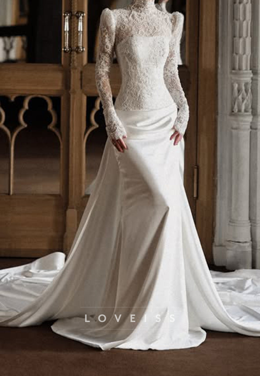 High Neck Lace Bodice Satin Wedding Gown