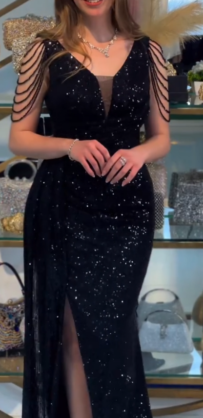 Sequined Deep V Slit Evening Gown