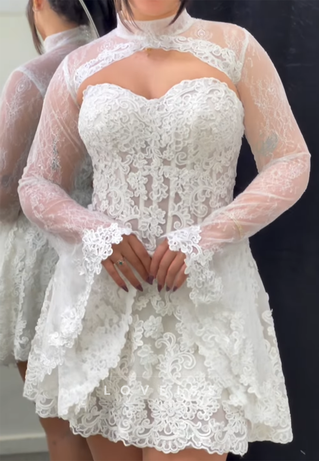 Lace Mini Dress with Bell Sleeves and Keyhole