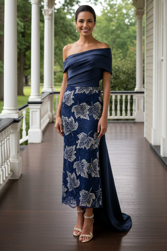 Off-Shoulder Sequin Floral Gown with Draped Train