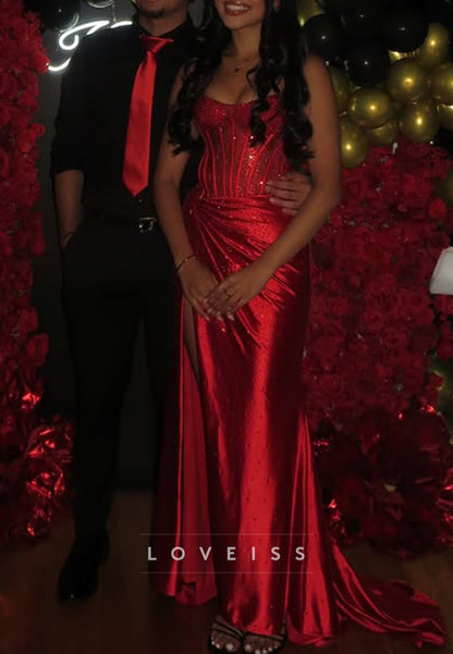 Corset Evening Gown with Slit and Rhinestones
