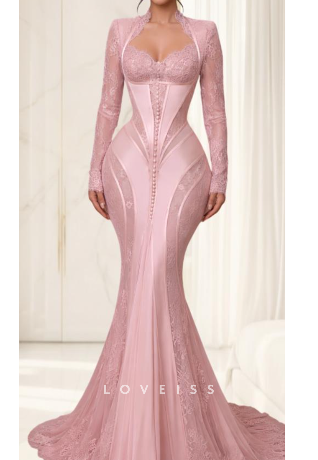 Lace Mermaid Gown with High-Neck Collar & Long Sleeves