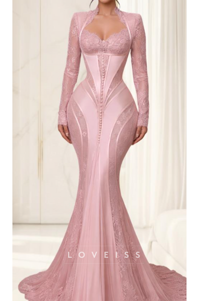 Lace Mermaid Gown with High-Neck Collar & Long Sleeves