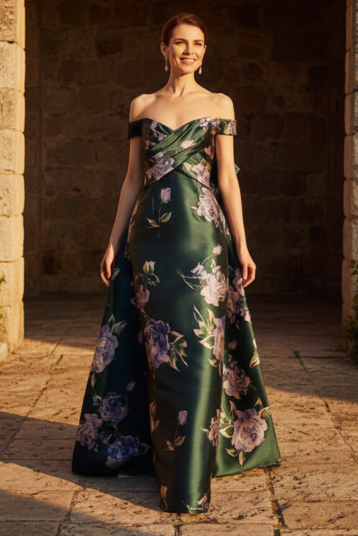 Floral Satin Off-the-Shoulder Evening Gown