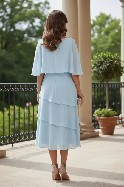 Tiered Midi Dress with Beaded Cape Overlay