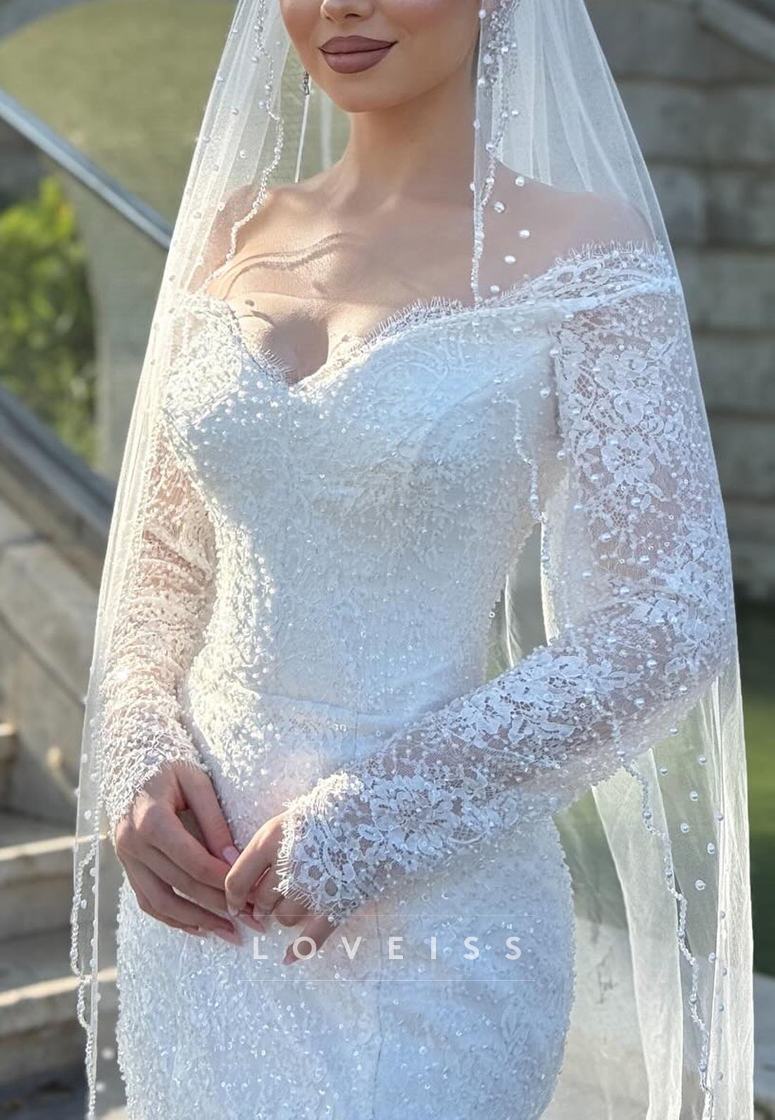 Long Sleeve Lace and Pearl Mermaid Bridal Gown