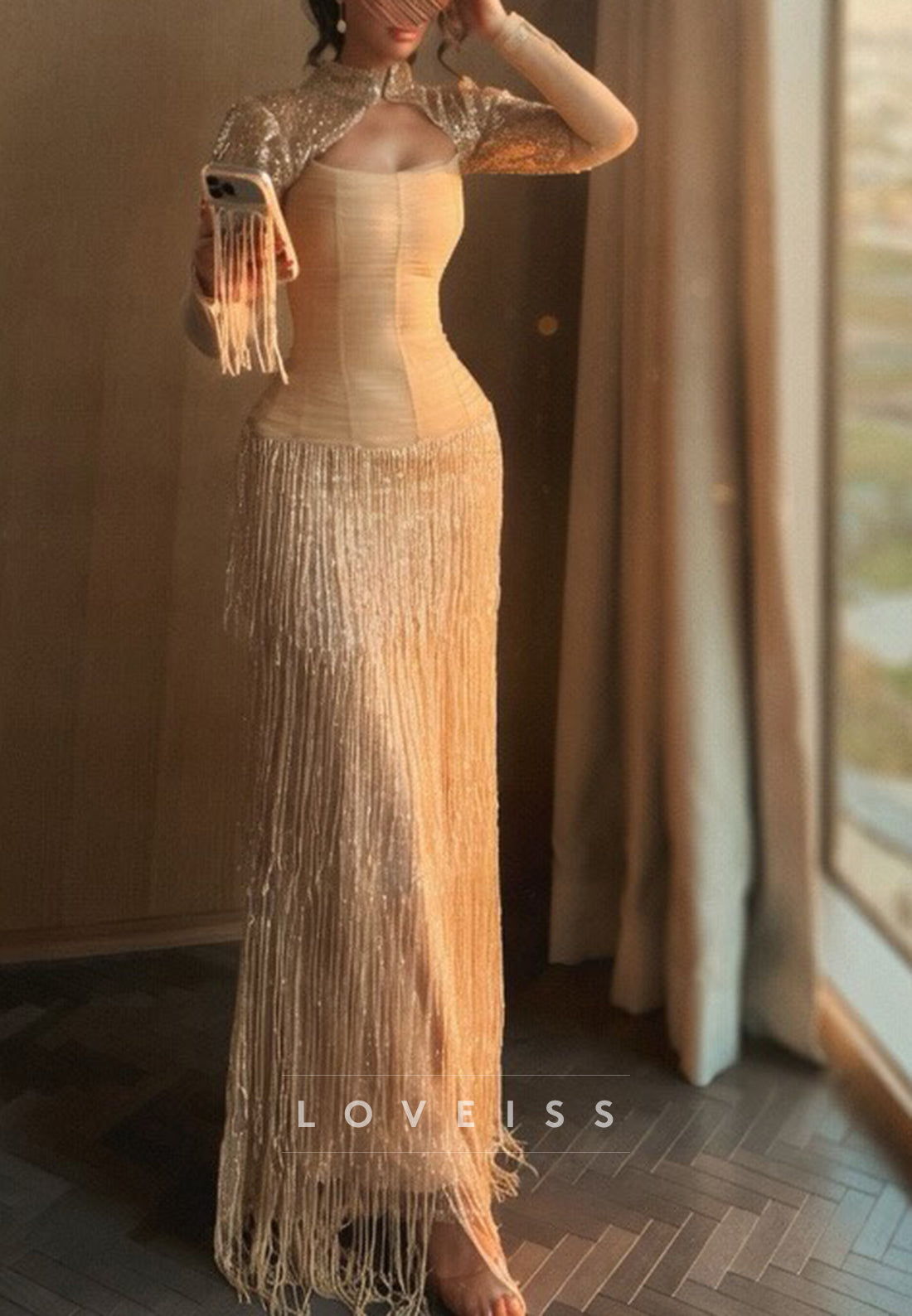 Fringe Skirt Evening Gown with Sequin Cropped Sleeves