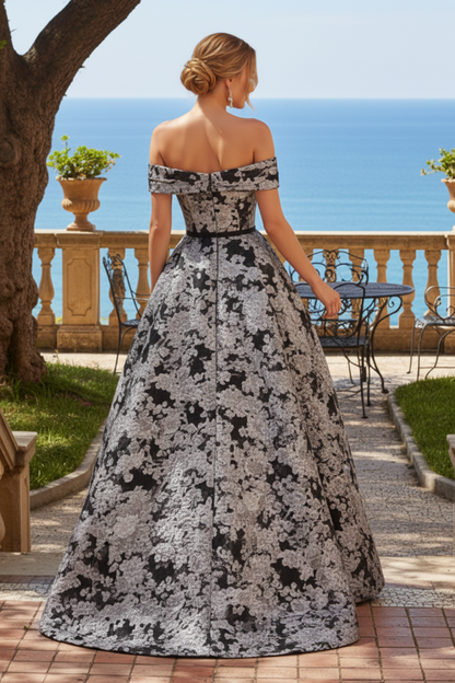 Off-the-Shoulder Jacquard A-Line Evening Gown