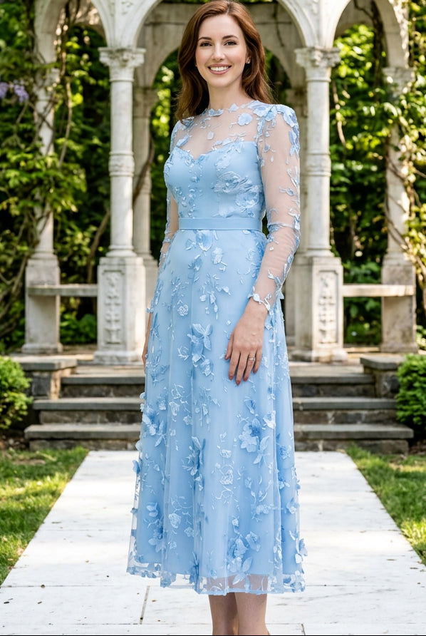 Floral Applique Illusion Midi Dress with Sleeves