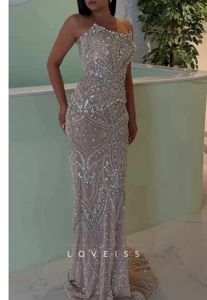 Strapless Crystal Beaded Floor-Length Evening Gown