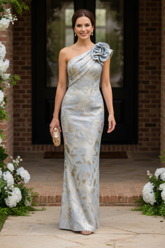 One-Shoulder Floral Jacquard Evening Gown